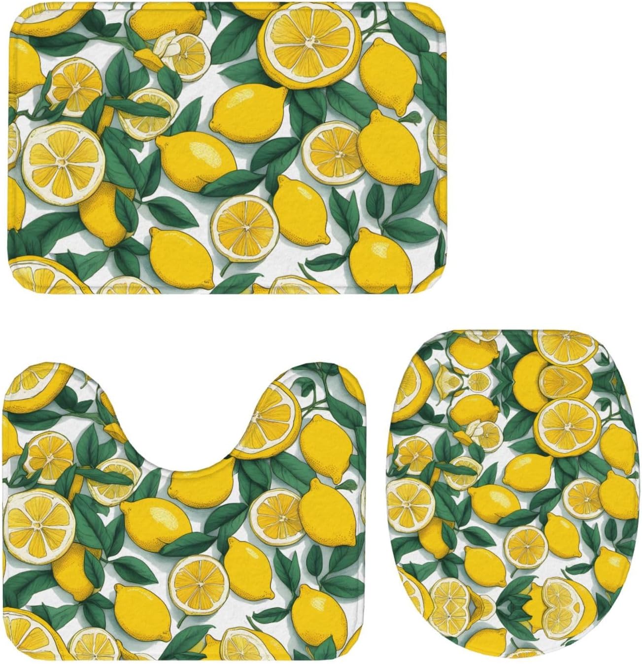 Yellow Lemon Printed Anti-Slip Bathroom Rugs Set - 3-Piece Contour, Oval & Rectangular Mats for Toilet, Vanity & Restrooms