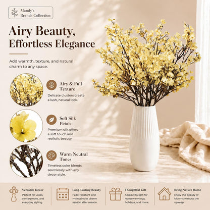 6 Bundles Artificial Light Yellow Baby’s Breath Flowers | 18.5 Inch Silk Gypsophila European Style Modern Home Decor Centerpiece Neutral Wedding Flower Arrangements