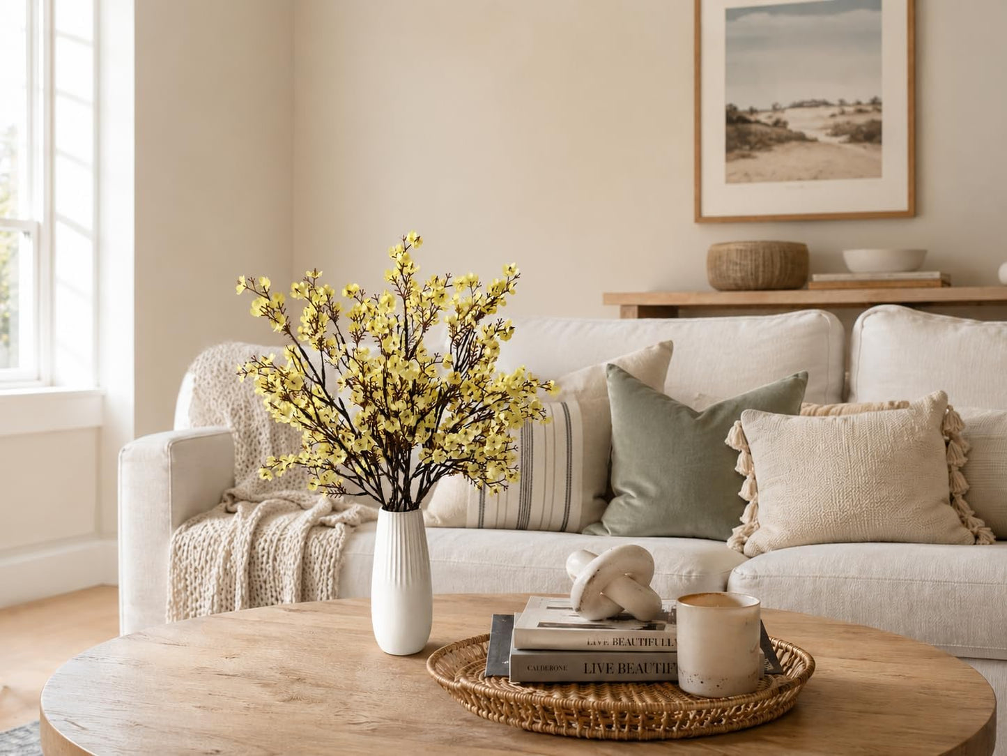 6 Bundles Artificial Light Yellow Baby’s Breath Flowers | 18.5 Inch Silk Gypsophila European Style Modern Home Decor Centerpiece Neutral Wedding Flower Arrangements