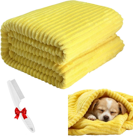 Emotional Support Blanket Yellow,Dog Calming Blankets,Faux Rabbit Fur Pet Blanket for Dogs and Puppies,Soft Cozy Security Blanket,Striped Plush Throw for Crate,Sofa,Bed (Yellow, 27.56 * 39.37IN)