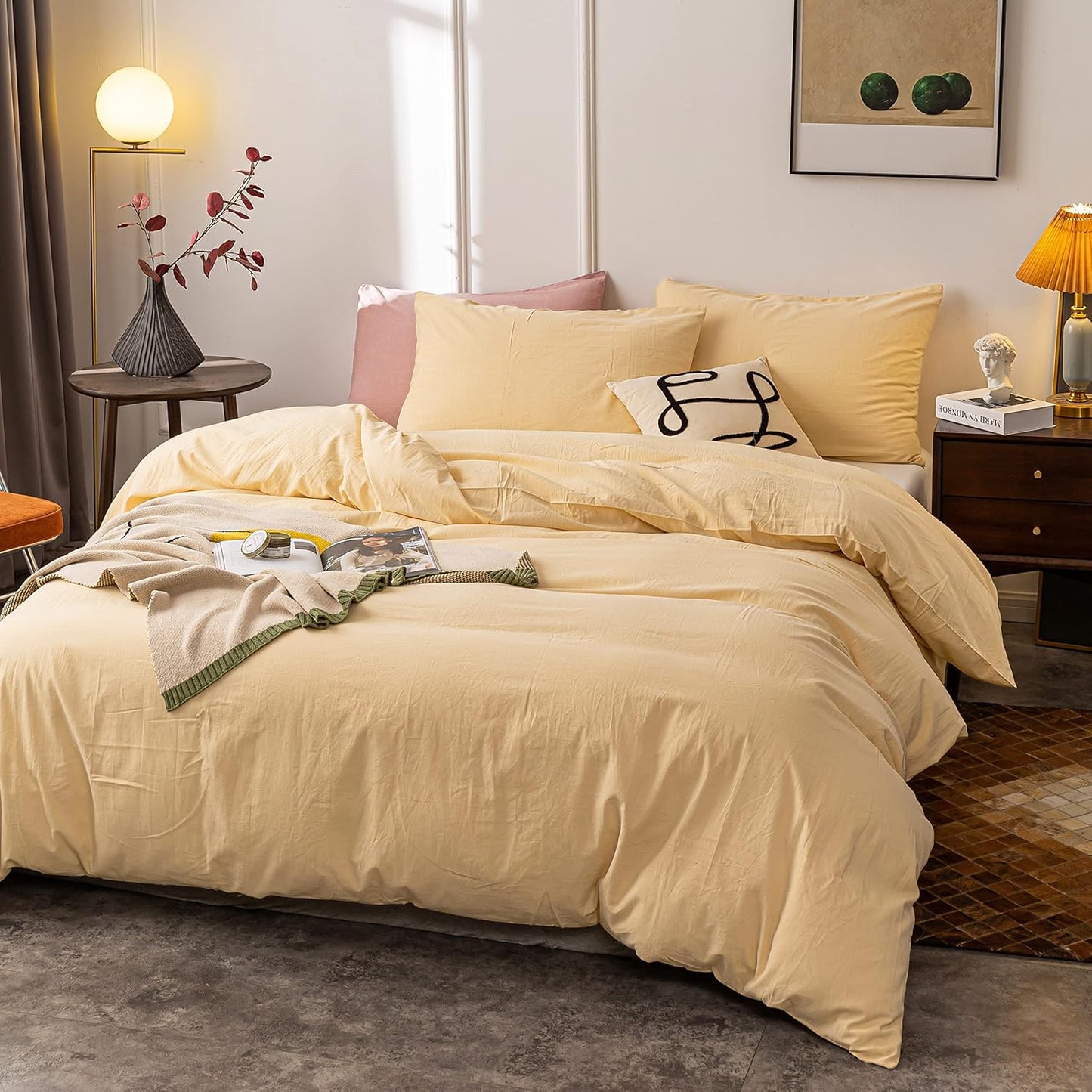 Washed Cotton Duvet Cover Full Ultra Soft 100% Cotton Solid Color Cream Yellow Duvet Cover Set with Zipper Closure -3 Pieces Cream Yellow Full