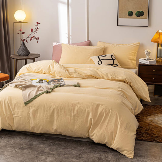 Washed Cotton Duvet Cover Full Ultra Soft 100% Cotton Solid Color Cream Yellow Duvet Cover Set with Zipper Closure -3 Pieces Cream Yellow Full