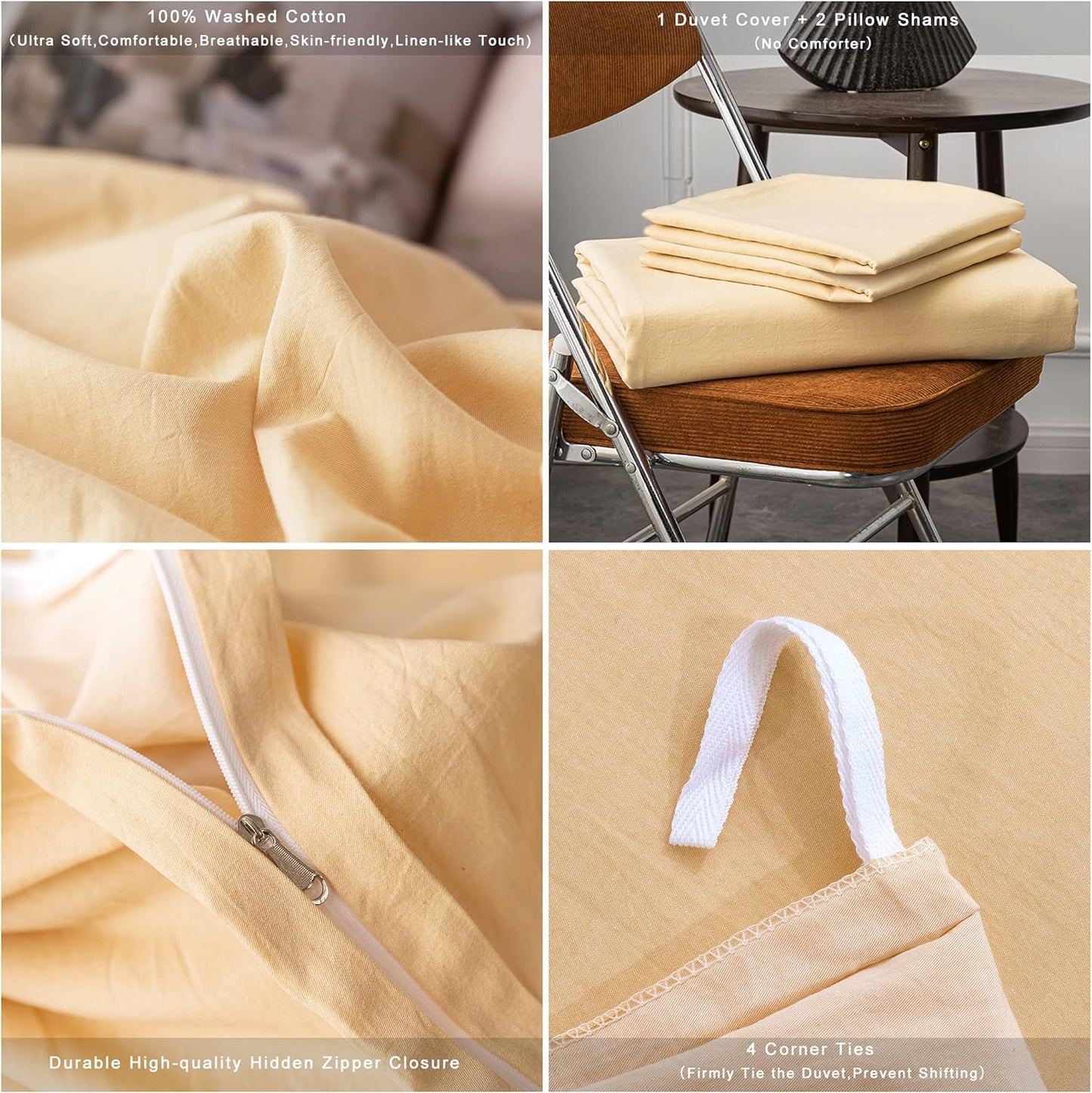 Washed Cotton Duvet Cover Full Ultra Soft 100% Cotton Solid Color Cream Yellow Duvet Cover Set with Zipper Closure -3 Pieces Cream Yellow Full