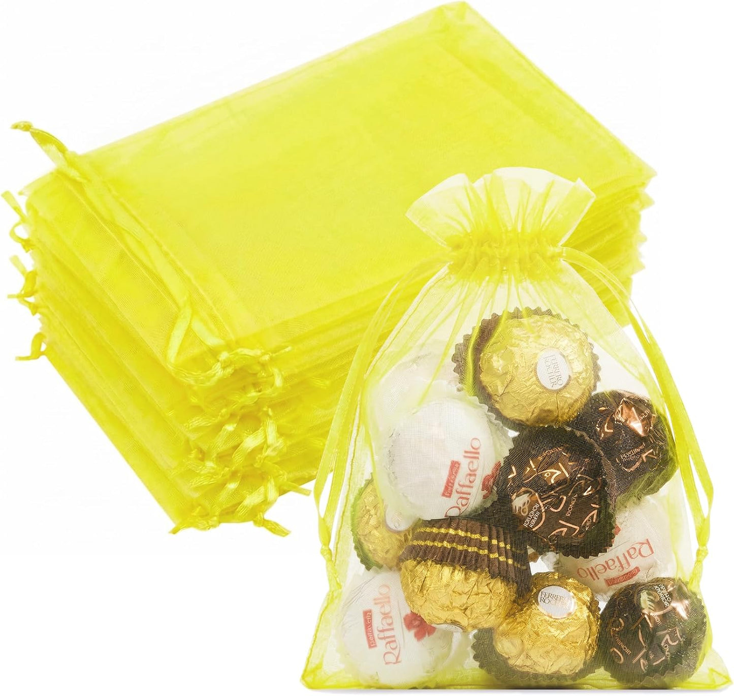 50PCS Organza Bags 5x7 Yellow Small Gift Bags Mesh Drawstring | Party Favor Goodie Bag Bulk, Jewelry Sachet Candy Treat Soap Makeup Pouches, Wrap for Wedding Baby Shower Birthday Halloween