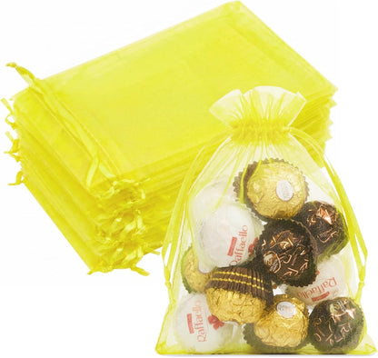 50PCS Organza Bags 5x7 Yellow Small Gift Bags Mesh Drawstring | Party Favor Goodie Bag Bulk, Jewelry Sachet Candy Treat Soap Makeup Pouches, Wrap for Wedding Baby Shower Birthday Halloween