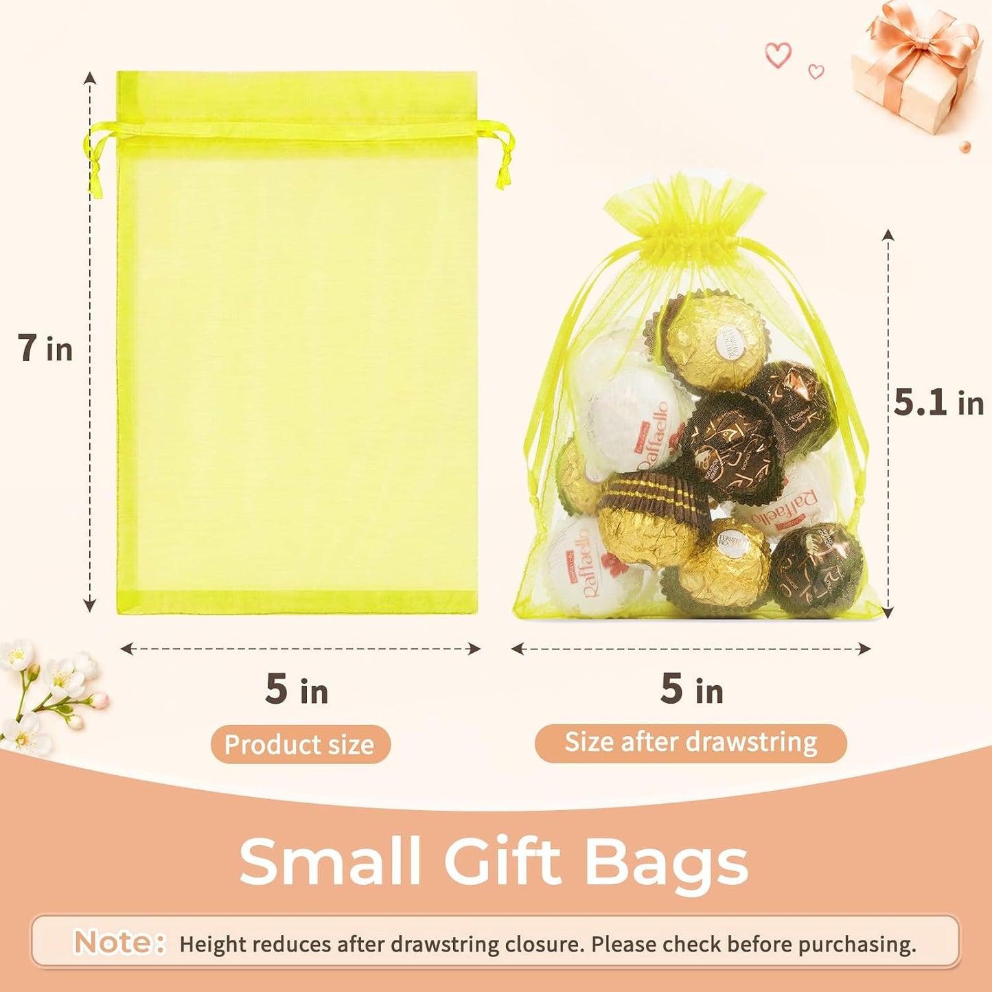 50PCS Organza Bags 5x7 Yellow Small Gift Bags Mesh Drawstring | Party Favor Goodie Bag Bulk, Jewelry Sachet Candy Treat Soap Makeup Pouches, Wrap for Wedding Baby Shower Birthday Halloween