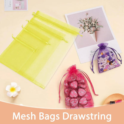50PCS Organza Bags 5x7 Yellow Small Gift Bags Mesh Drawstring | Party Favor Goodie Bag Bulk, Jewelry Sachet Candy Treat Soap Makeup Pouches, Wrap for Wedding Baby Shower Birthday Halloween