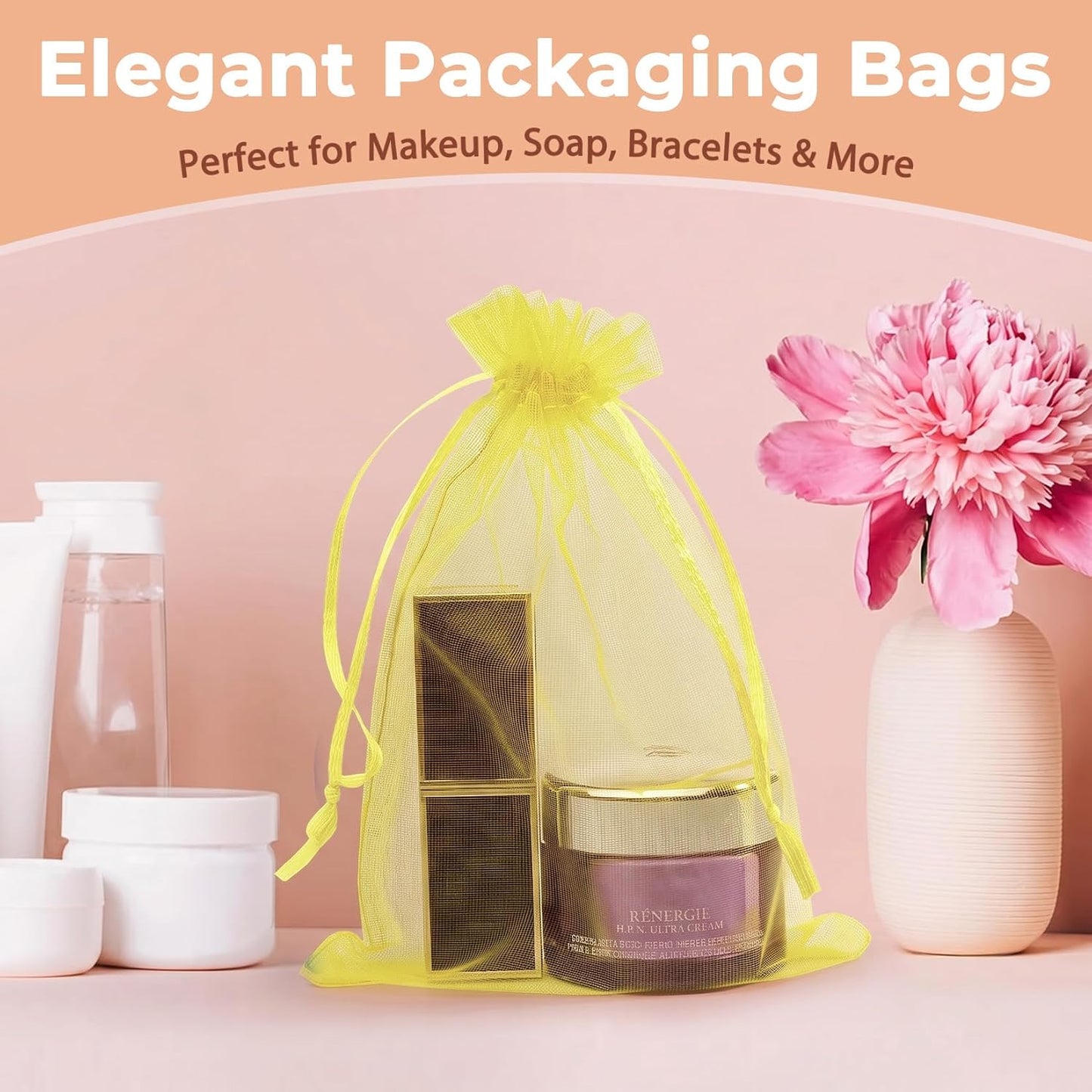 50PCS Organza Bags 5x7 Yellow Small Gift Bags Mesh Drawstring | Party Favor Goodie Bag Bulk, Jewelry Sachet Candy Treat Soap Makeup Pouches, Wrap for Wedding Baby Shower Birthday Halloween