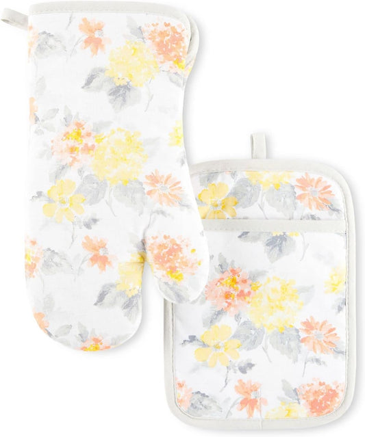 Amber Floral Oven Mitt & Pot Holder Set 2-Pack, Yellow/Coral, OM: 7"x13" & PH: 7"x10"