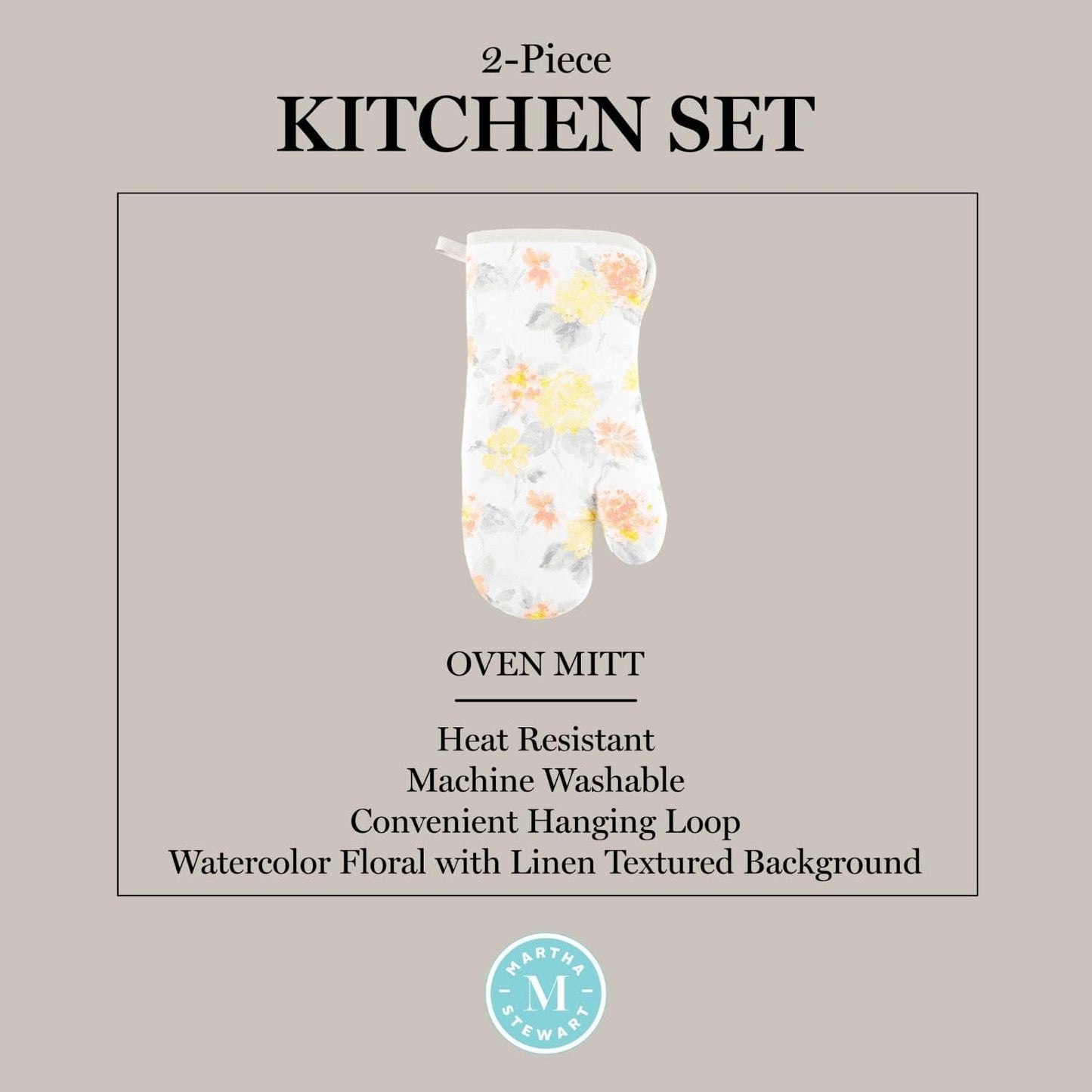 Amber Floral Oven Mitt & Pot Holder Set 2-Pack, Yellow/Coral, OM: 7"x13" & PH: 7"x10"