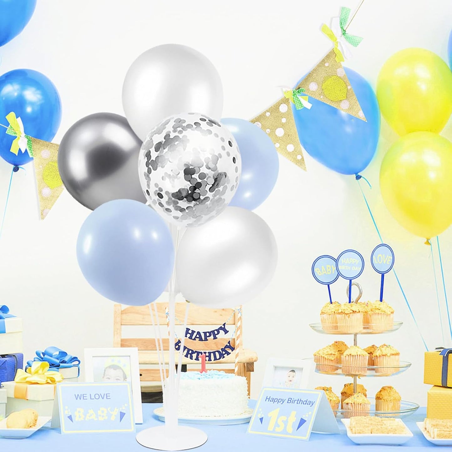 4Set Yellow and White Balloon Stand Table Centerpiece Party Decor | Sunflower Daisy Bee Birthday Baby Shower Bridal Shower Engagement Wedding Spring Summer Backyard Party Decorations