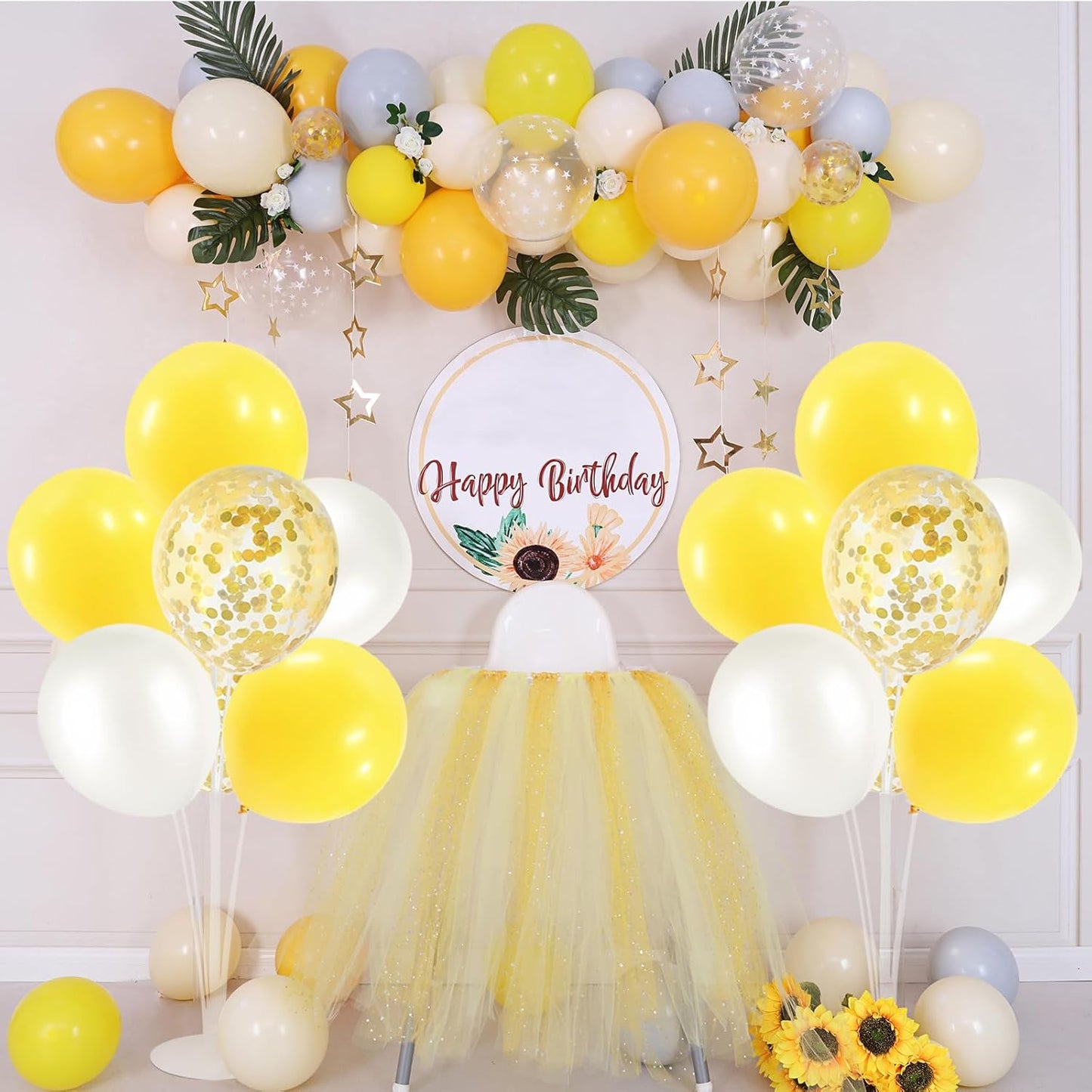 4Set Yellow and White Balloon Stand Table Centerpiece Party Decor | Sunflower Daisy Bee Birthday Baby Shower Bridal Shower Engagement Wedding Spring Summer Backyard Party Decorations