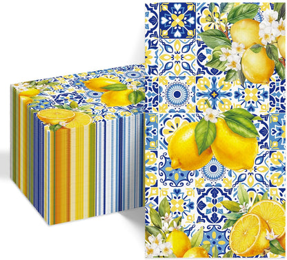 100pcs Lemon Paper Napkins 3 Ply Lemon Summer Bathroom Napkins Cocktail Luncheon Lemons Napkin Disposable Guest Towels for Bathroom Summer Home Party Kitchen Decor