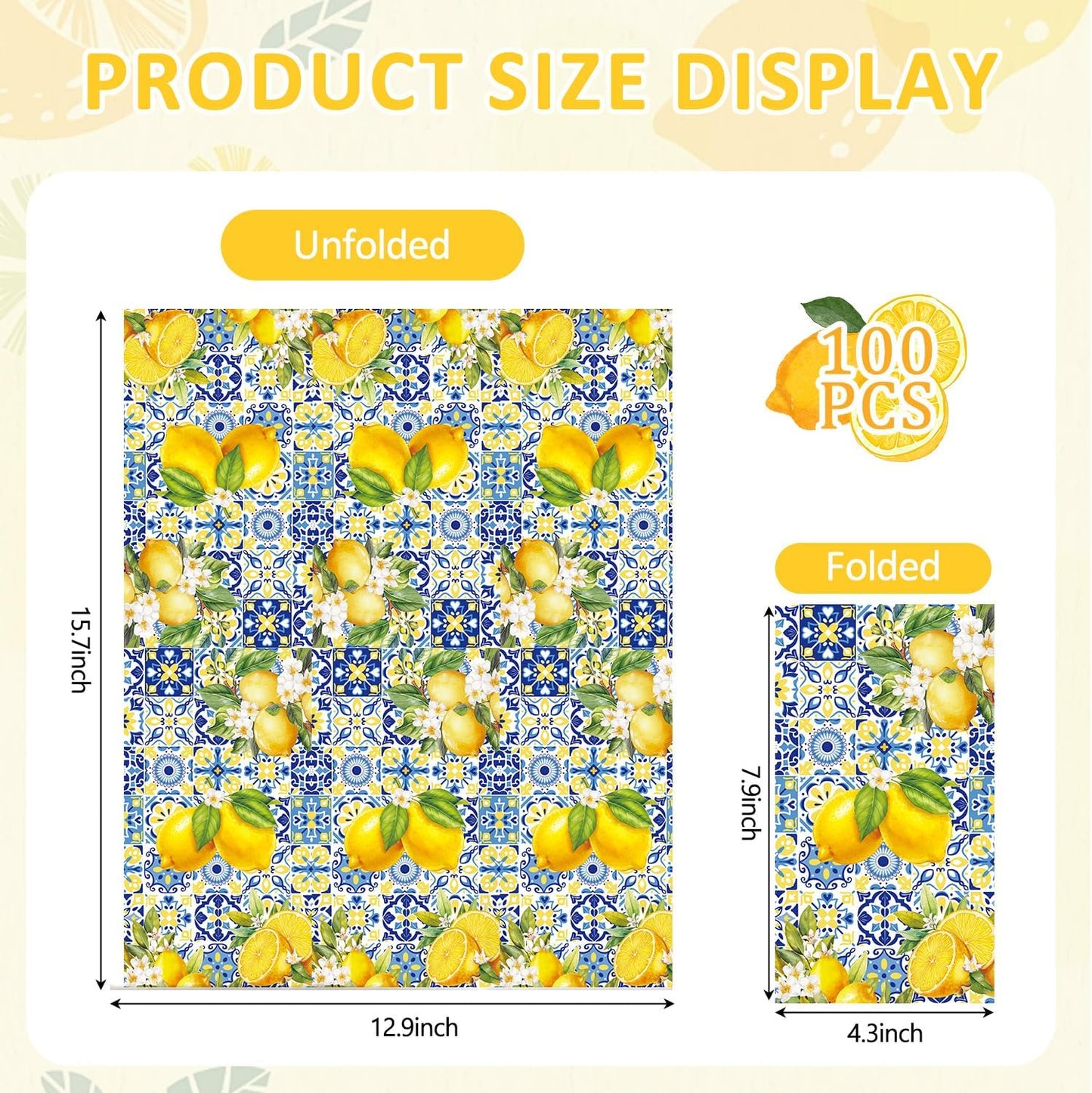 100pcs Lemon Paper Napkins 3 Ply Lemon Summer Bathroom Napkins Cocktail Luncheon Lemons Napkin Disposable Guest Towels for Bathroom Summer Home Party Kitchen Decor