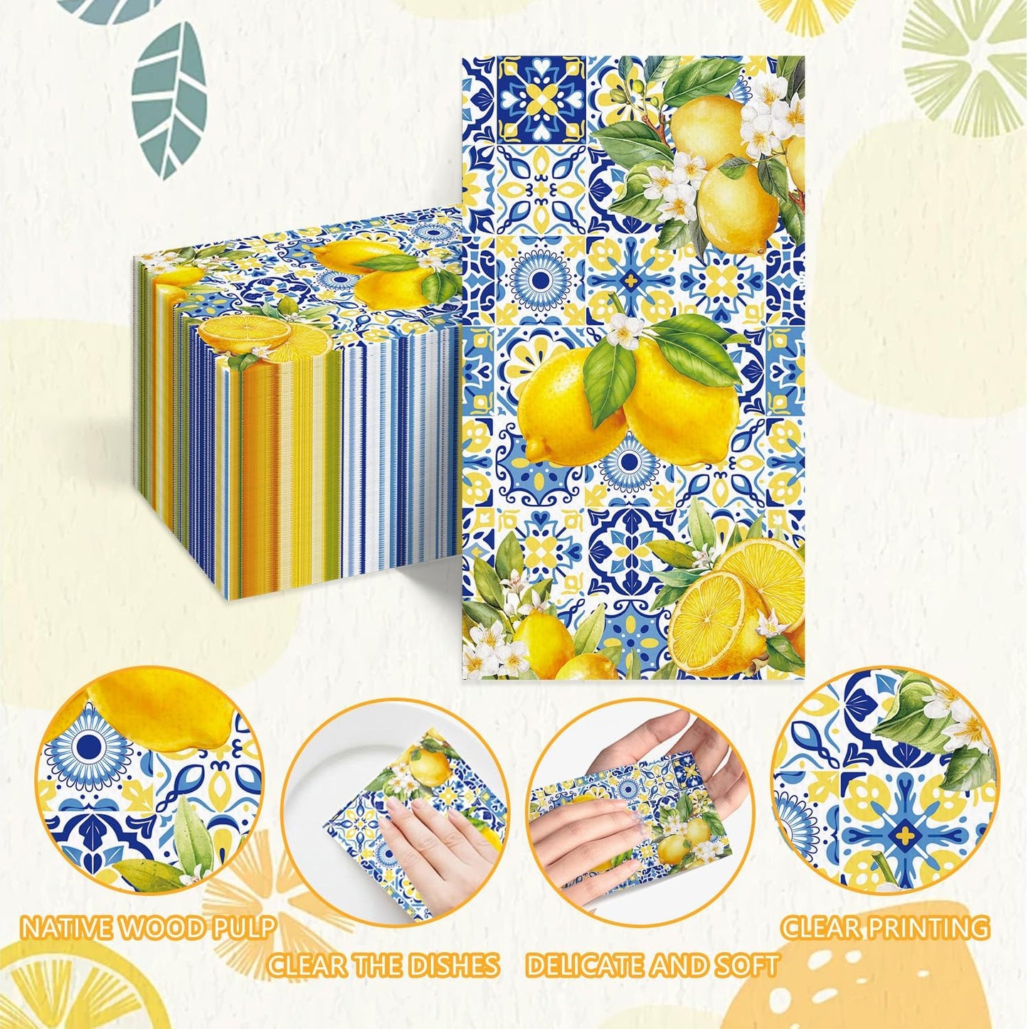 100pcs Lemon Paper Napkins 3 Ply Lemon Summer Bathroom Napkins Cocktail Luncheon Lemons Napkin Disposable Guest Towels for Bathroom Summer Home Party Kitchen Decor