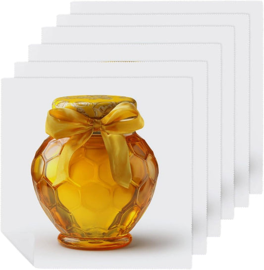 Golden Honey Jar with A Yellow Bow Cloth Napkins Set of 6, Square Premium Reusable Washable Polyester Table Linen Napkin for Dinner Party