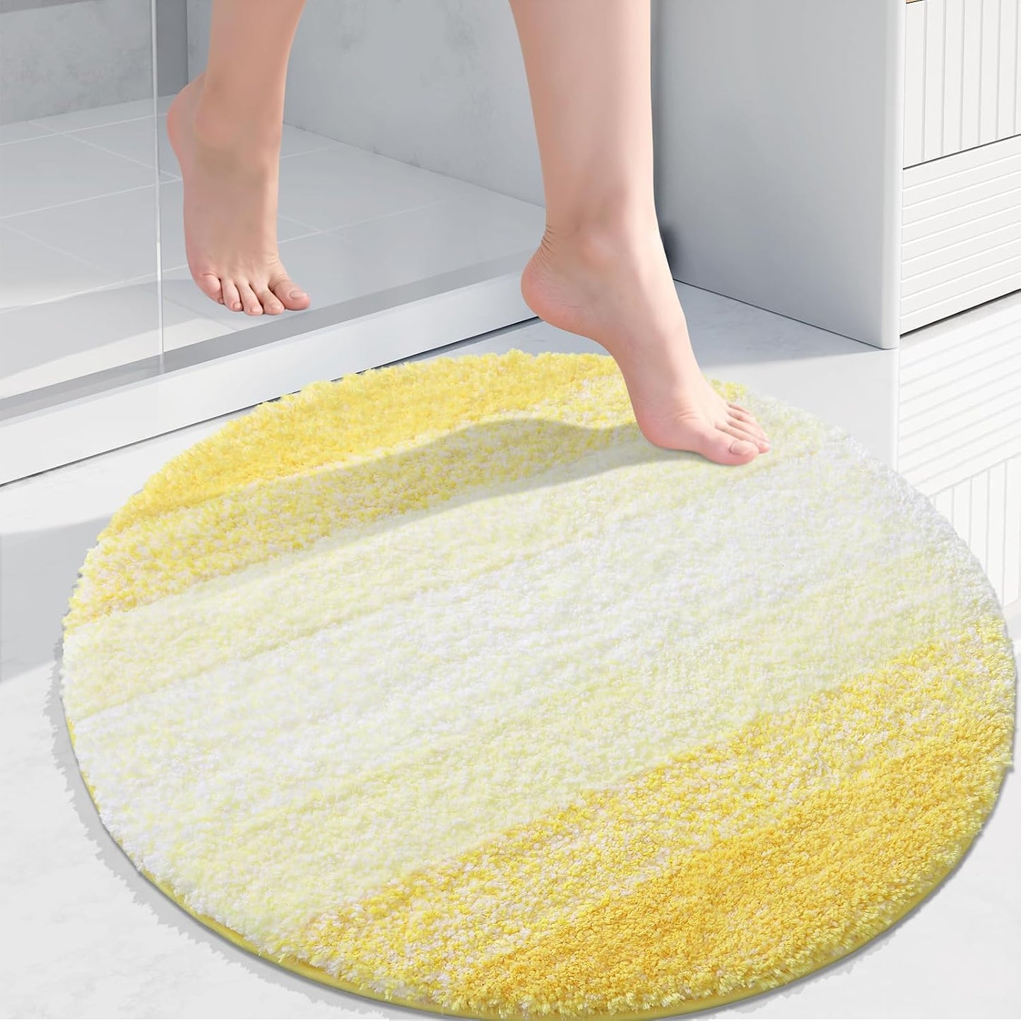 Microfiber Bathroom Rugs, Shaggy Soft and Absorbent Bath Rug, Thick Plush Machine Washable Dry Bath Mats for Bathroom, Tub and Shower, 24x24, Yellow, Round