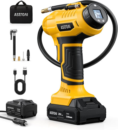 Cordless Tire Inflator Portable Air Compressor Fast Inflation 160 PSI Air Pump 20V Rechargeable Battery Powered with 12V DC Adapter Digital Pressure Gauge for Cars Motorcycles Bikes Yellow