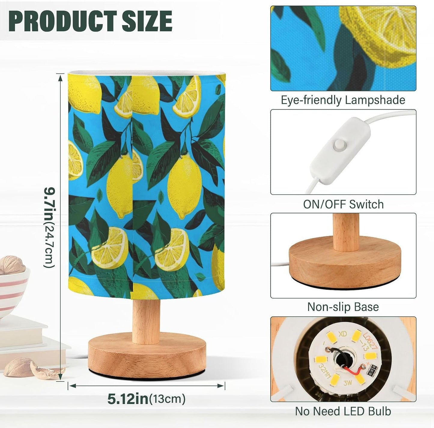 Bedside Table Lamp Lemon Yellow Citrus Fruits (68) Kids Nightstand Lamp Night Light Fabric Shade for Bedroom Living Room Home Office