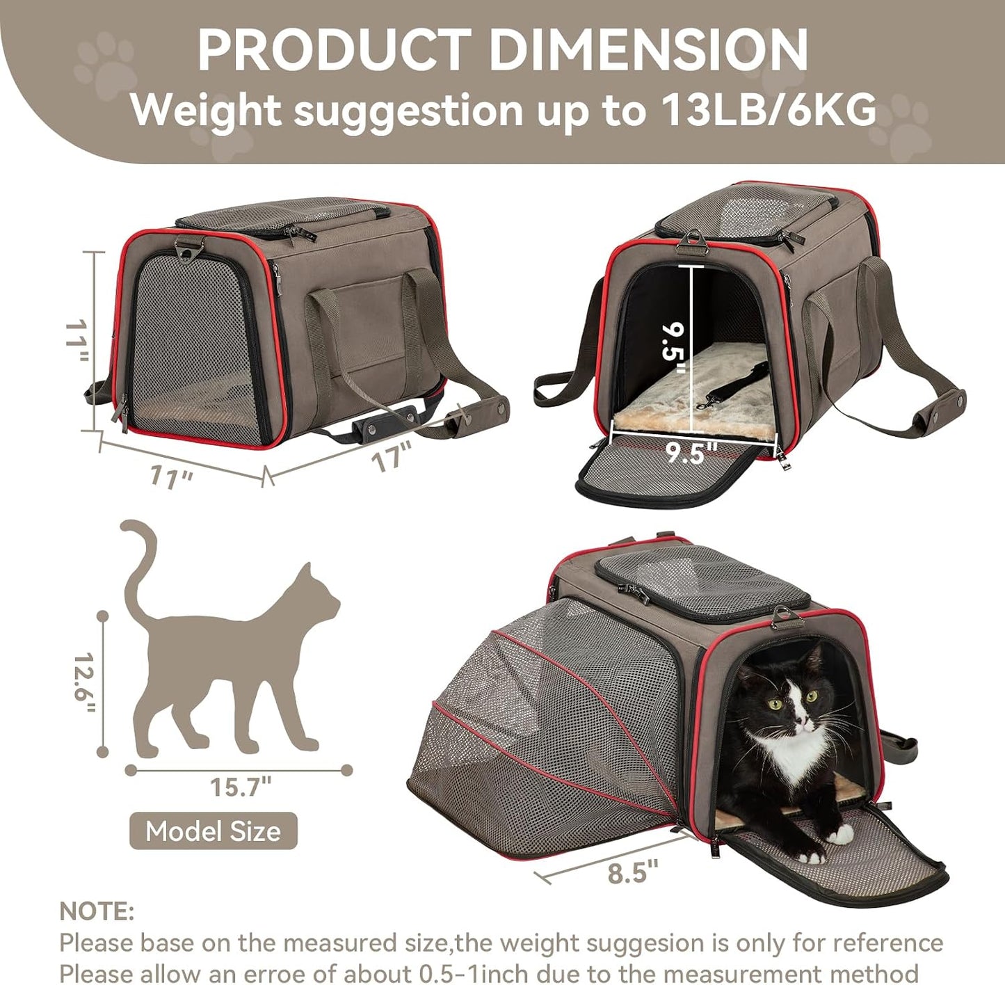 Expandable Cat Carrier Dog Carriers,Airline Approved Soft-Sided Portable Pet Travel Washable Carrier for Kittens,Puppies,Removable Soft Plush mat and Pockets,Locking Safety Zippers