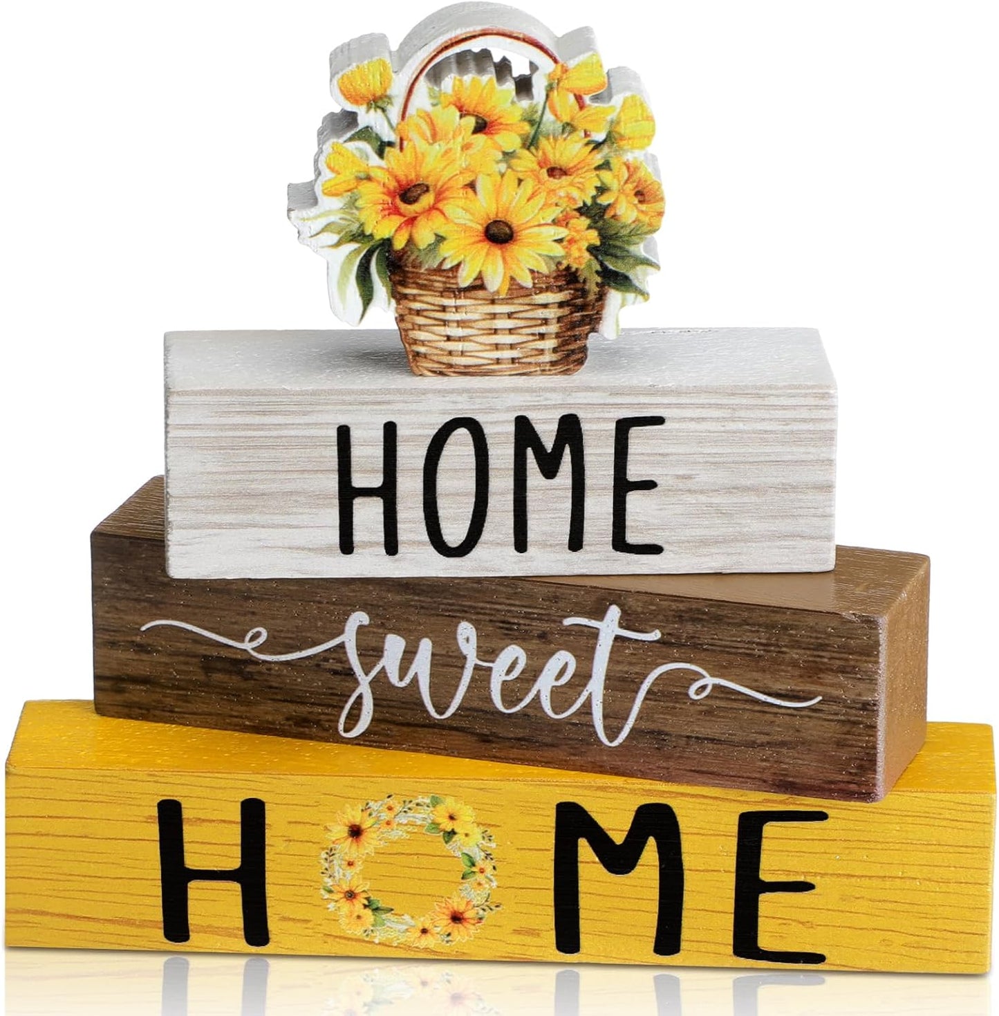 4 Pcs Farmhouse Wooden Tabletop Decor Yellow Sunflower Summer Rustic Tiered Tray Decor Home Sweet Home Table Centerpiece for Kitchen Decoration Gifts Fireplace Mantel Floating Shelf