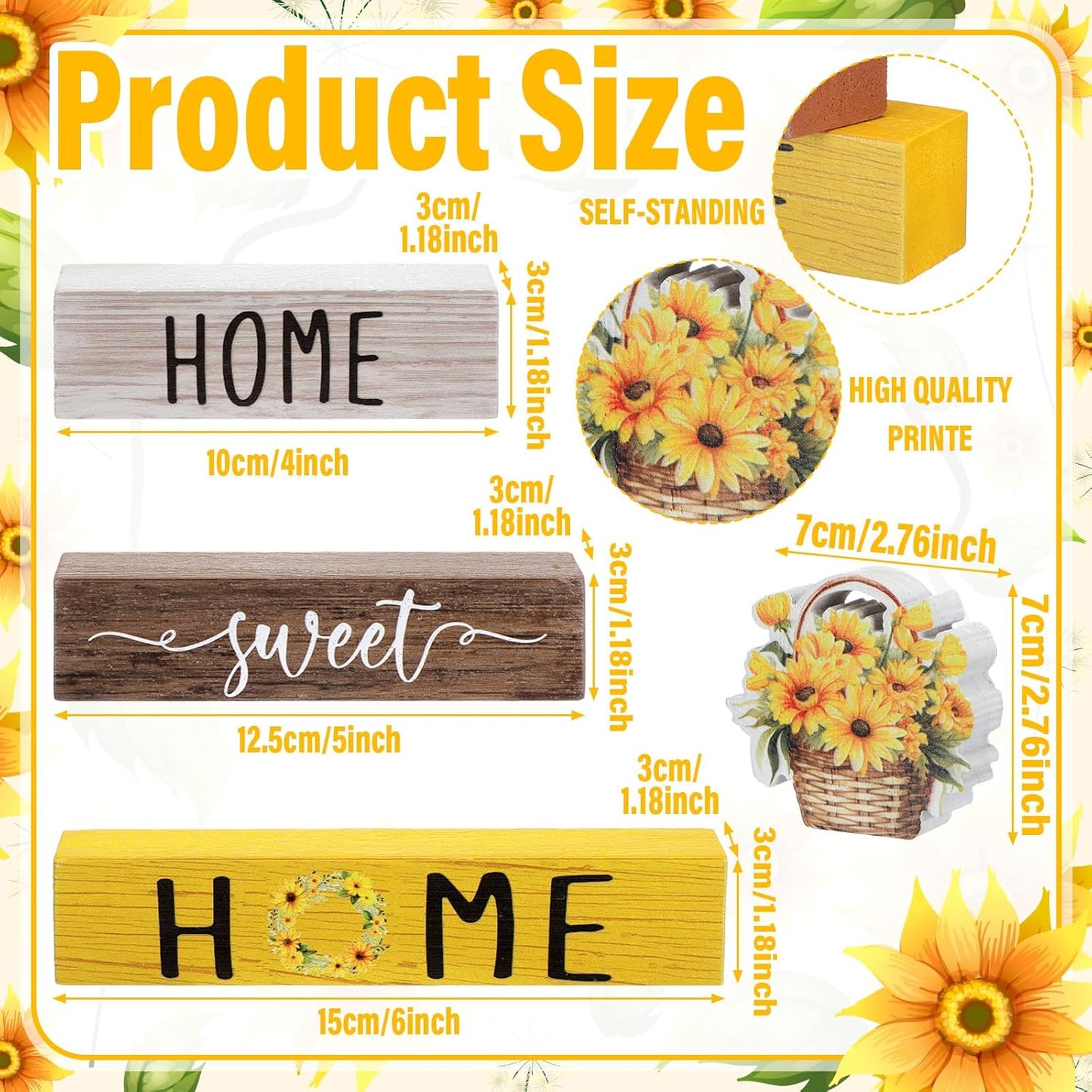 4 Pcs Farmhouse Wooden Tabletop Decor Yellow Sunflower Summer Rustic Tiered Tray Decor Home Sweet Home Table Centerpiece for Kitchen Decoration Gifts Fireplace Mantel Floating Shelf