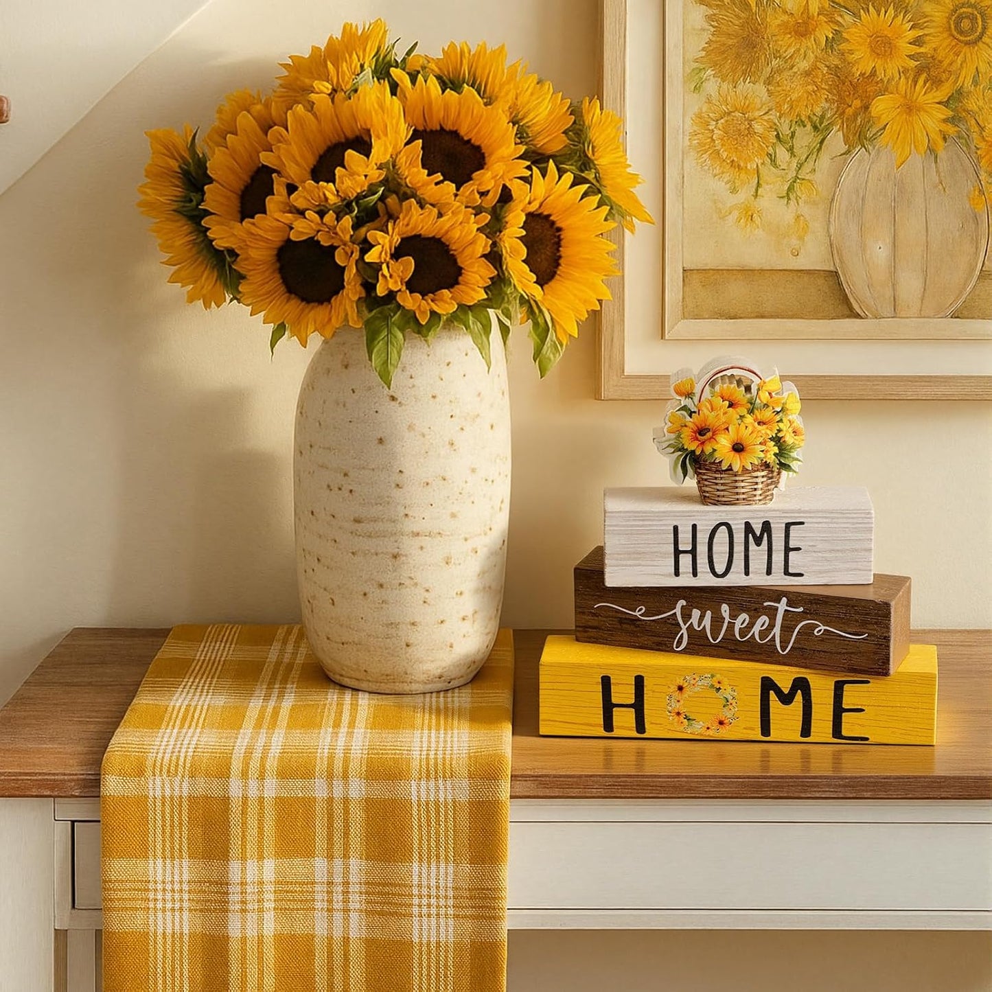4 Pcs Farmhouse Wooden Tabletop Decor Yellow Sunflower Summer Rustic Tiered Tray Decor Home Sweet Home Table Centerpiece for Kitchen Decoration Gifts Fireplace Mantel Floating Shelf