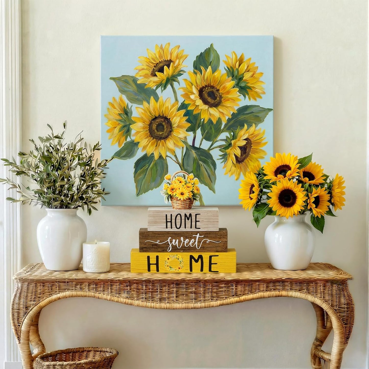 4 Pcs Farmhouse Wooden Tabletop Decor Yellow Sunflower Summer Rustic Tiered Tray Decor Home Sweet Home Table Centerpiece for Kitchen Decoration Gifts Fireplace Mantel Floating Shelf