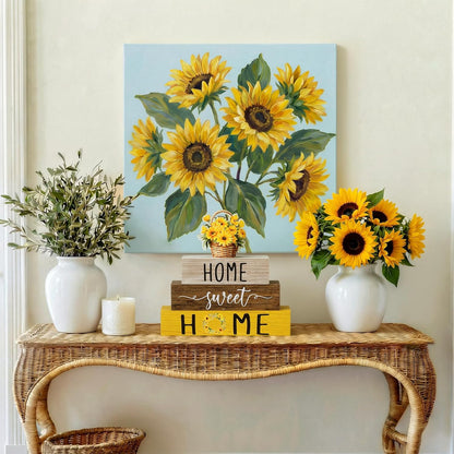4 Pcs Farmhouse Wooden Tabletop Decor Yellow Sunflower Summer Rustic Tiered Tray Decor Home Sweet Home Table Centerpiece for Kitchen Decoration Gifts Fireplace Mantel Floating Shelf