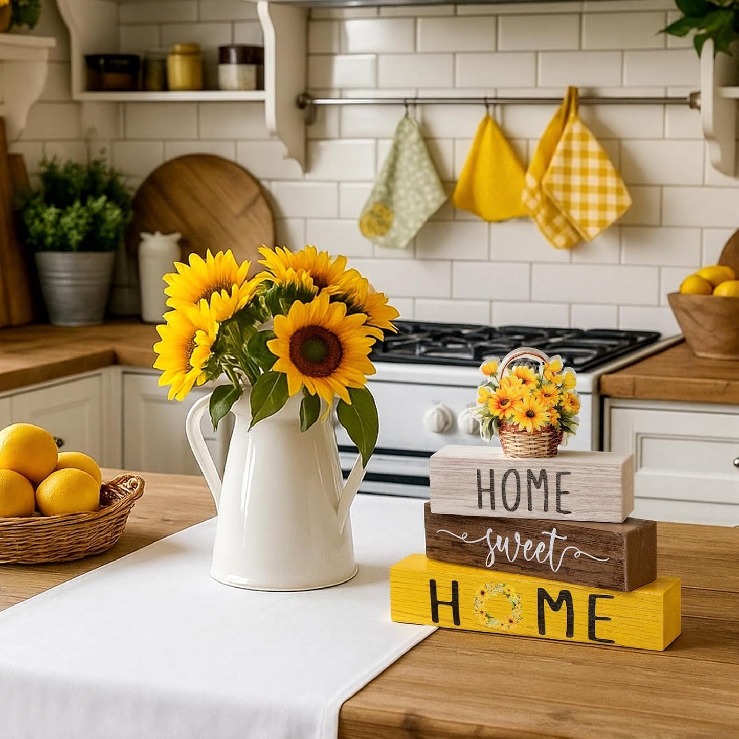 4 Pcs Farmhouse Wooden Tabletop Decor Yellow Sunflower Summer Rustic Tiered Tray Decor Home Sweet Home Table Centerpiece for Kitchen Decoration Gifts Fireplace Mantel Floating Shelf