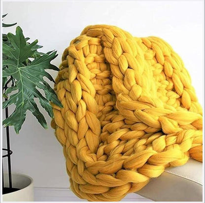 Chunky Knit Blanket Throw Knitted Throw Blankets for Couch Bed Fluffy Soft Blanket Handmade Soft Throw Blanket Cozy and Warm Chunky Wool Knit Throw Gifts And Home Decor,Yellow,60x60cm(24x24inch)