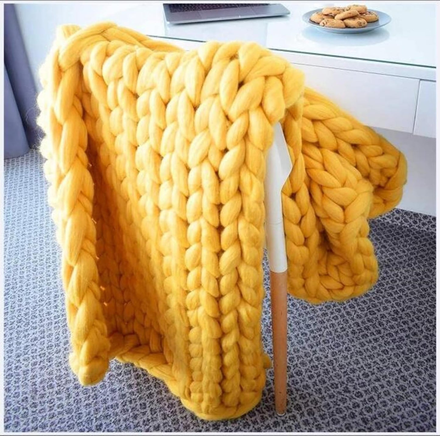 Chunky Knit Blanket Throw Knitted Throw Blankets for Couch Bed Fluffy Soft Blanket Handmade Soft Throw Blanket Cozy and Warm Chunky Wool Knit Throw Gifts And Home Decor,Yellow,60x60cm(24x24inch)