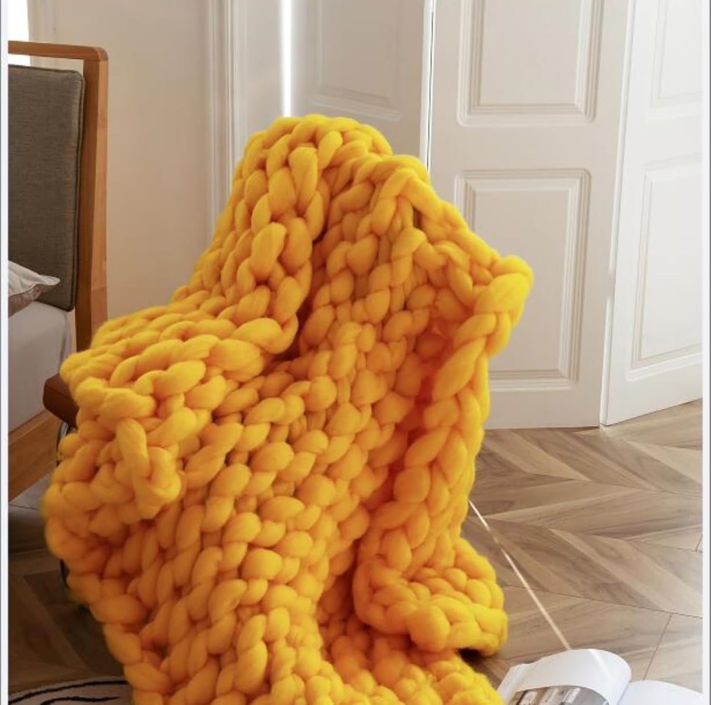 Chunky Knit Blanket Throw Knitted Throw Blankets for Couch Bed Fluffy Soft Blanket Handmade Soft Throw Blanket Cozy and Warm Chunky Wool Knit Throw Gifts And Home Decor,Yellow,60x60cm(24x24inch)