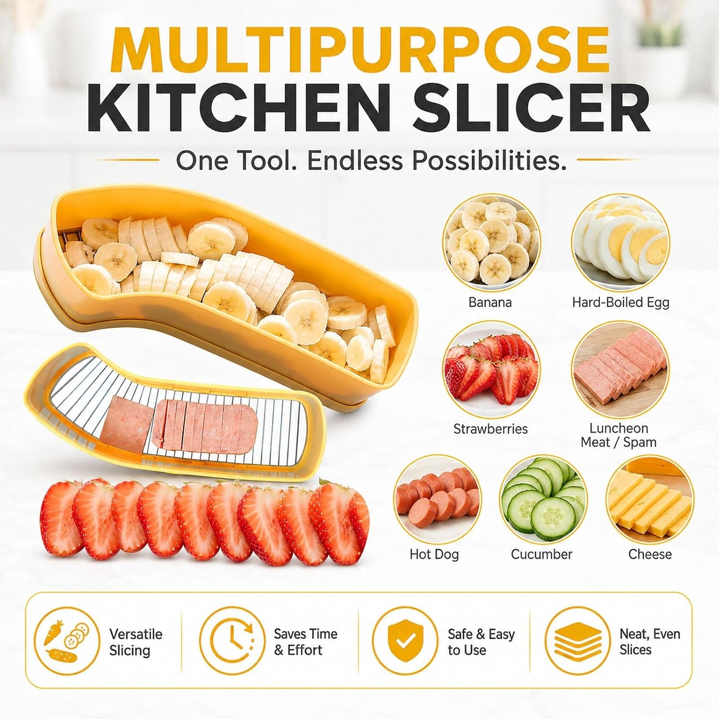 Yellow Banana Slicer Fruit Cutter for kitchen Tool, Strawberry & Egg Slicer, Extra Large Banana Cutter Gift for Cucumber, Luncheon meat, Hot Dogs, Melons and Fruits Slicer kitchen Gadget 1-Pack