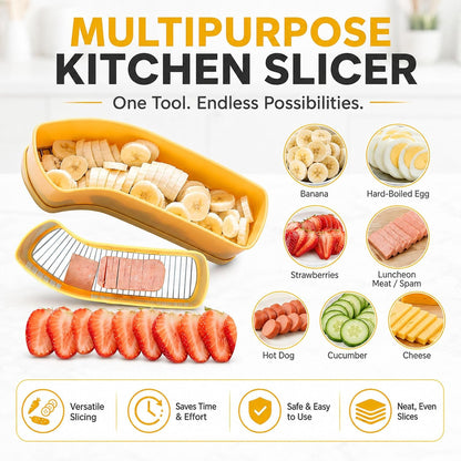 Yellow Banana Slicer Fruit Cutter for kitchen Tool, Strawberry & Egg Slicer, Extra Large Banana Cutter Gift for Cucumber, Luncheon meat, Hot Dogs, Melons and Fruits Slicer kitchen Gadget 1-Pack