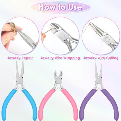 3pcs Jewelry Making Plier Tools with Needle/Chain/Round Nose Pliers and Wire Cutter for Jewelry Repair, Wire Wrapping, Crafts, Jewelry Making Supplies