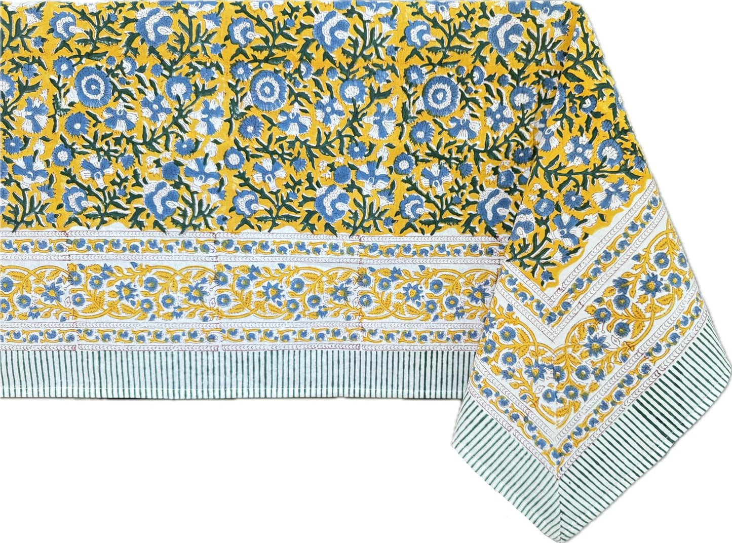 Marigold Blue Yellow 100% Cotton Fall Tablecloth, Handblock Print Rectangle Table Cover for Kitchen Dining Linen I Parties, Weddings, Outdoors, Easter Table Decor 60 X 90 Inches I 6 Seater