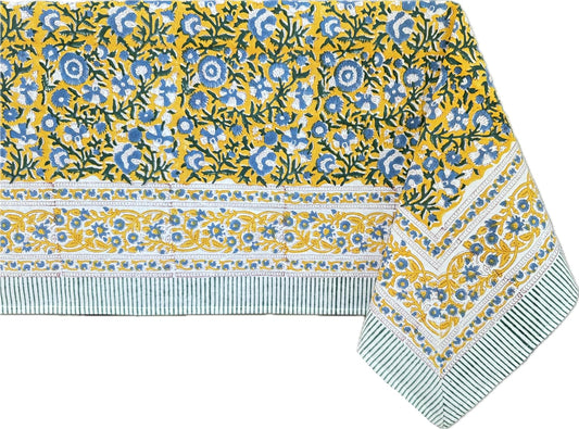 Marigold Blue Yellow 100% Cotton Fall Tablecloth, Handblock Print Rectangle Table Cover for Kitchen Dining Linen I Parties, Weddings, Outdoors, Easter Table Decor 60 X 90 Inches I 6 Seater