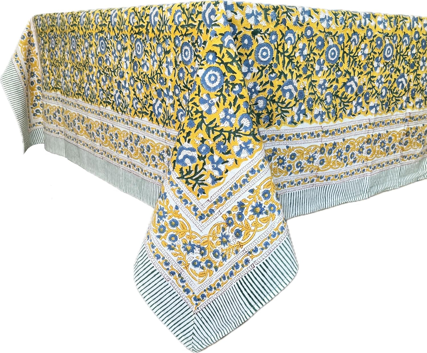 Marigold Blue Yellow 100% Cotton Fall Tablecloth, Handblock Print Rectangle Table Cover for Kitchen Dining Linen I Parties, Weddings, Outdoors, Easter Table Decor 60 X 90 Inches I 6 Seater