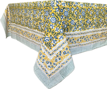 Marigold Blue Yellow 100% Cotton Fall Tablecloth, Handblock Print Rectangle Table Cover for Kitchen Dining Linen I Parties, Weddings, Outdoors, Easter Table Decor 60 X 90 Inches I 6 Seater