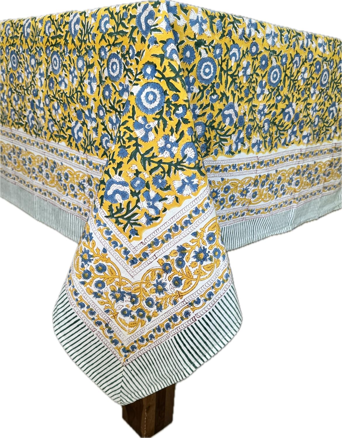Marigold Blue Yellow 100% Cotton Fall Tablecloth, Handblock Print Rectangle Table Cover for Kitchen Dining Linen I Parties, Weddings, Outdoors, Easter Table Decor 60 X 90 Inches I 6 Seater