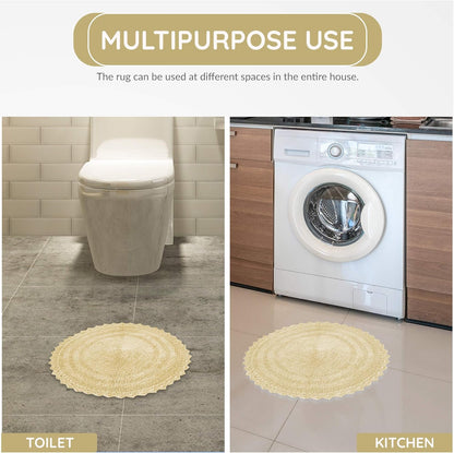 Circle Bathroom Mat for Kitchen Spa with Crochet Pattern Cotton Absorbent Soft Reversible Bath Rug Pale Banana Round 24 Inches