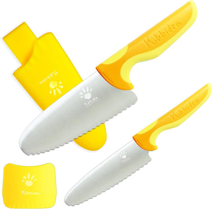 4 Pcs Kids Knife Set - Round Tip, BPA-free Stainless Steel Chef Knife for Real Cooking (Yellow)