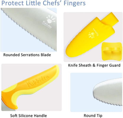 4 Pcs Kids Knife Set - Round Tip, BPA-free Stainless Steel Chef Knife for Real Cooking (Yellow)