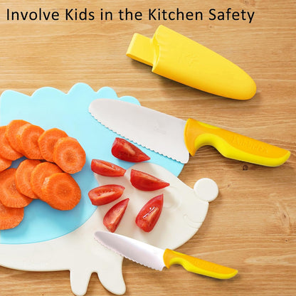 4 Pcs Kids Knife Set - Round Tip, BPA-free Stainless Steel Chef Knife for Real Cooking (Yellow)