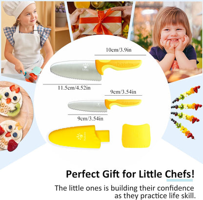 4 Pcs Kids Knife Set - Round Tip, BPA-free Stainless Steel Chef Knife for Real Cooking (Yellow)