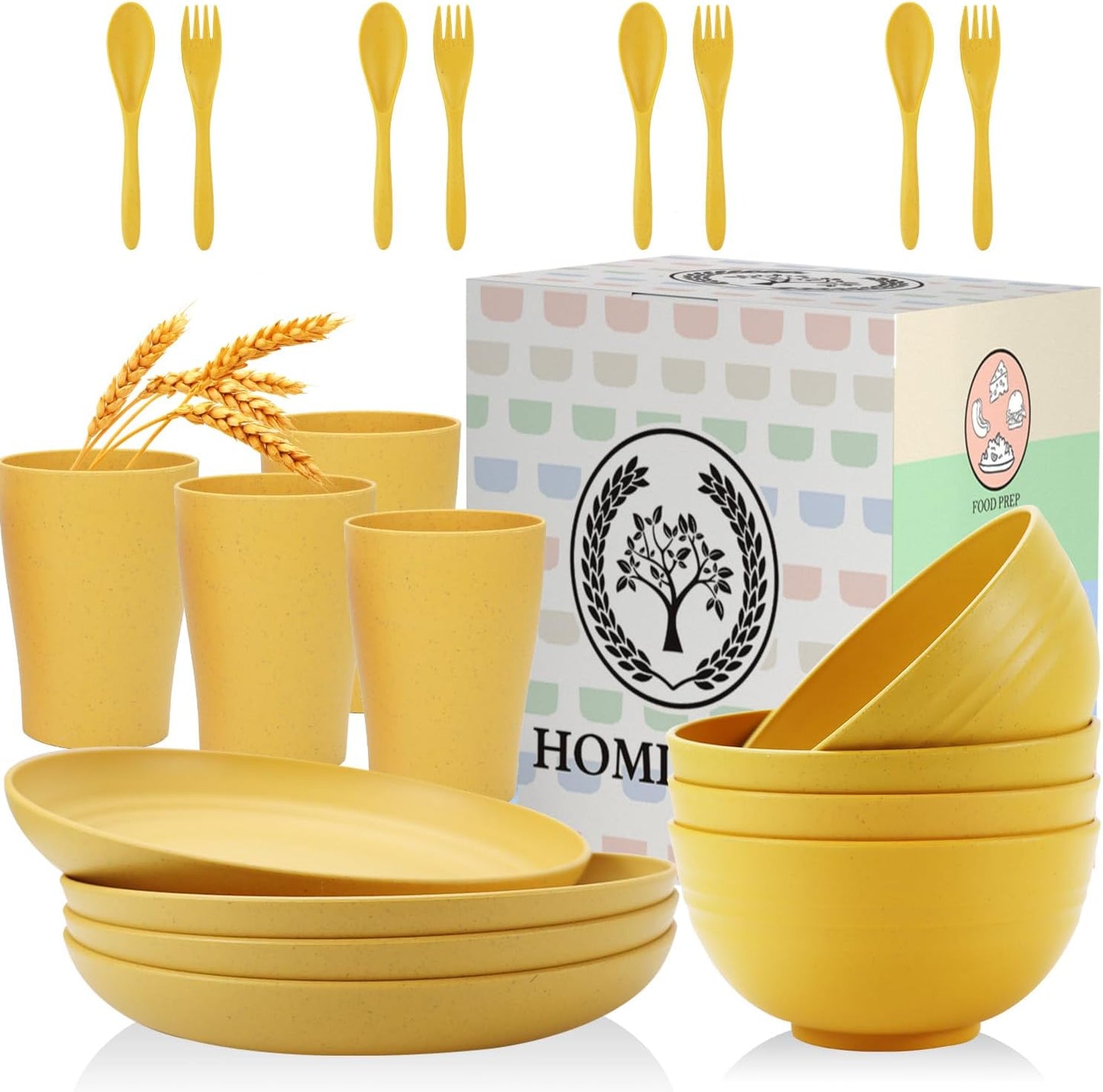 Wheat Straw Dinnerware Sets, 20pcs Unbreakable Microwave Dishwasher Safe Tableware Lightweight Bowls, Cups, Plates Set Reusable Dinner Plates Bowls set (Yellow)