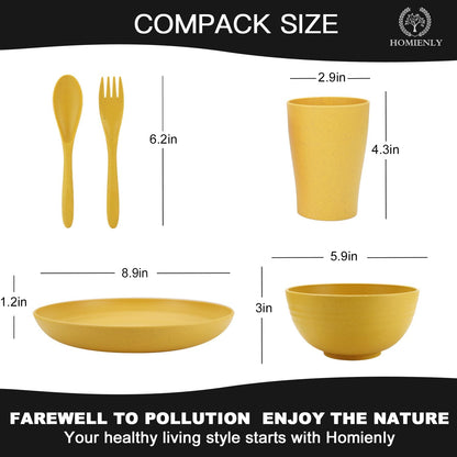 Wheat Straw Dinnerware Sets, 20pcs Unbreakable Microwave Dishwasher Safe Tableware Lightweight Bowls, Cups, Plates Set Reusable Dinner Plates Bowls set (Yellow)