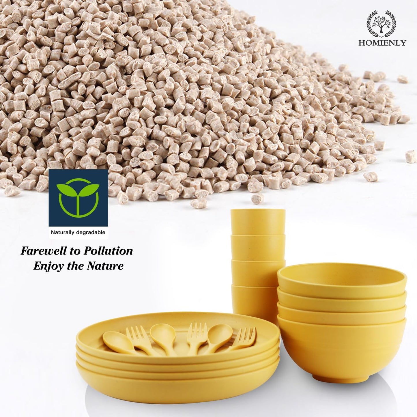 Wheat Straw Dinnerware Sets, 20pcs Unbreakable Microwave Dishwasher Safe Tableware Lightweight Bowls, Cups, Plates Set Reusable Dinner Plates Bowls set (Yellow)