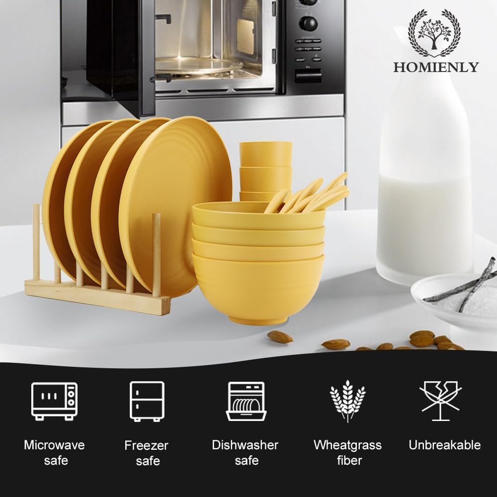 Wheat Straw Dinnerware Sets, 20pcs Unbreakable Microwave Dishwasher Safe Tableware Lightweight Bowls, Cups, Plates Set Reusable Dinner Plates Bowls set (Yellow)